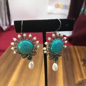 Pearls and Turquoise Stone Earrings, Handmade Massive Earrings, Golden Earrings